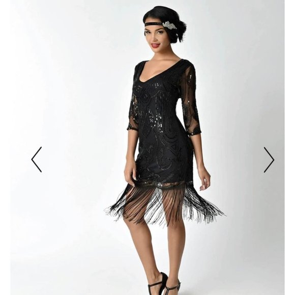 Unique Vintage Black Beaded Sequin Cocktail Flapper Dress size 10-12 - Picture 1 of 10